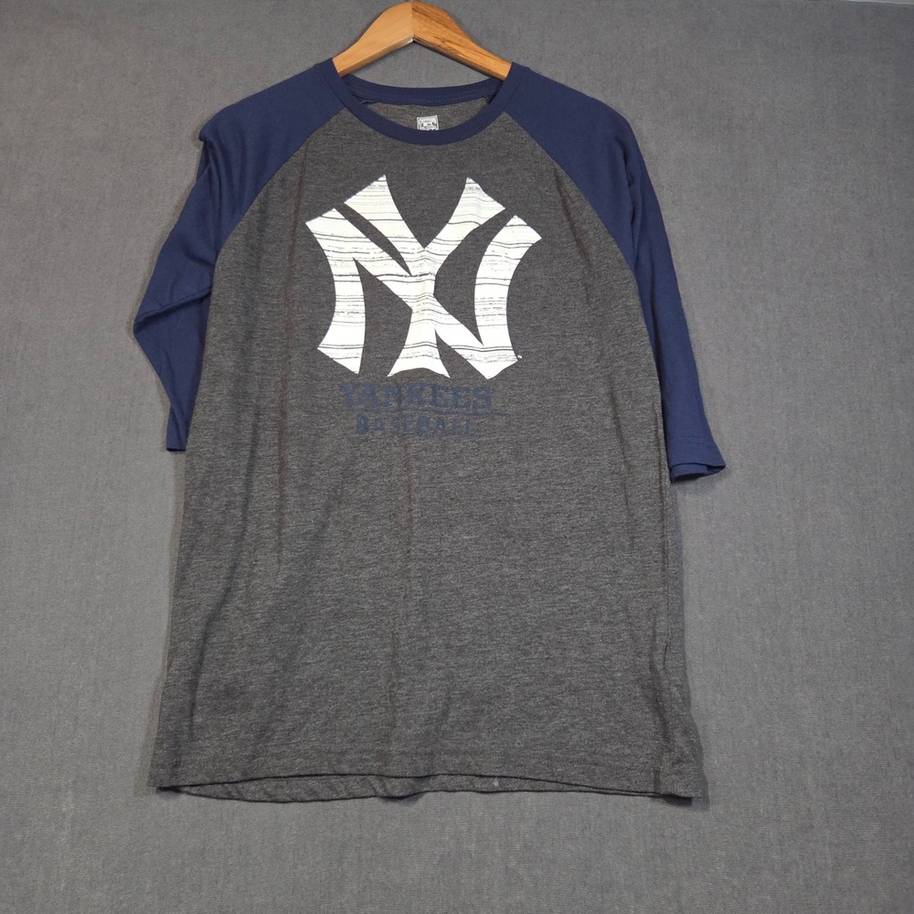 Majestic Baseball Tee Mens Medium Grey Blue New York Yankees Raglan 3/4 Sleeve